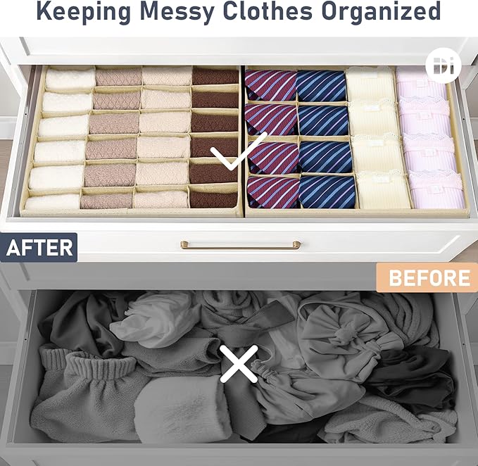 DIMJ Sock Organizer Drawer Organizer - Closet Organization and Storage, Underwear Drawer Organizer for Storing Socks, Handkerchiefs, Ties, Belts, Beige