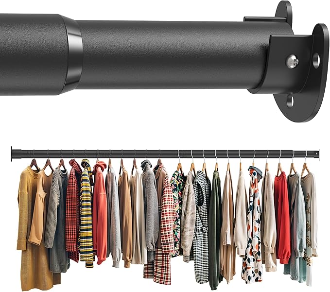 Closet Rod 17-39 Inches, Adjustable Heavy Duty Metal Black Closet Rods for Hanging Clothes 1.3 Inches Diameter for Wardrobes Laundry