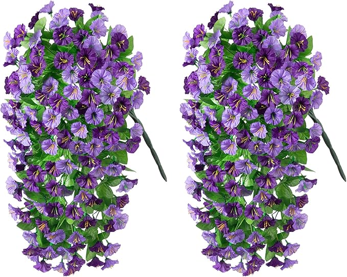 Artificial Fake Hanging Flowers Plants for Outdoor Decoration, 2PCS Faux Silk Morning Glory Long Vines Stems UV Resistant Look Real for Spring Summer Outside Home Porch Patio, Purple
