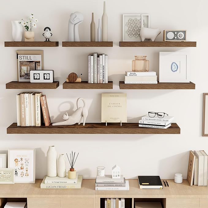 Acovy 16 Inch Floating Shelves, 16"x9.25"x1.5" Inch Deep Floating Shelves for Wall, Wooden Shelves for Bathroom, Bedroom, Living Room, Brown, 2 Pieces