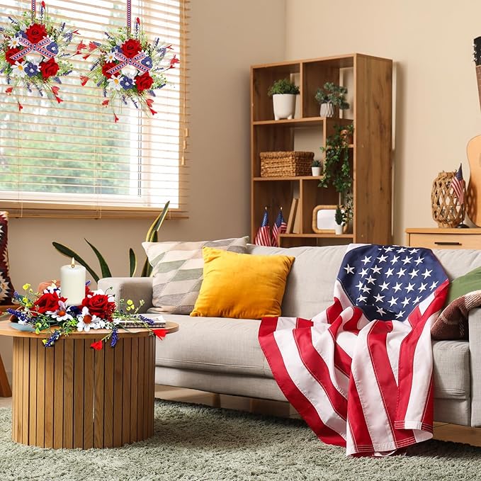 8 PCS Mini Patriotic American Cabinet Wreaths Small Red White and Blue Floral Wreath for Front Door with Ribbon Roses Daisy Forsythia July Independence Day Hanging Wreath for Porch Wall Window Decor
