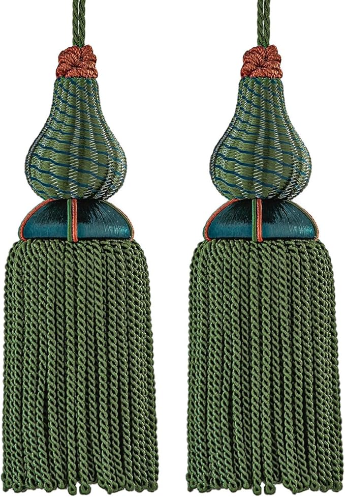 Luxury Tassels for Curtains and Furniture Knobs, 2 Pack - 8.4" Elegant Rayon Decorative Tassel, Silky Tassel Pendant for Cabinet Handles, Home Decor Accents (Green)
