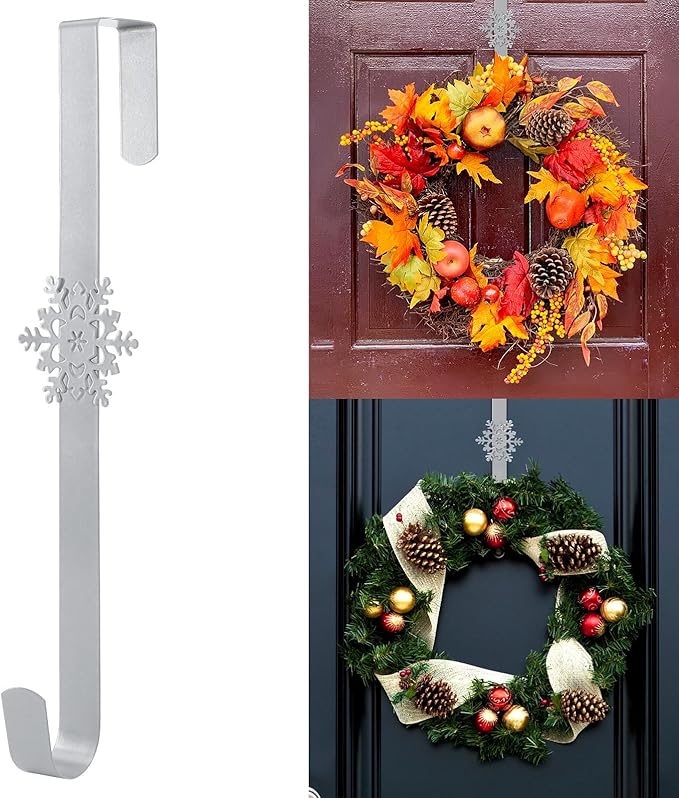 Wreath Hangers for Front Door,15" Sturdy Metal Wreath Doors Hangers,Over The Door Hooks for Front Porch Decor,Garland Hooks Holders for Halloween Christmas Decorations (Silver Snowflakes, 1 Pack)