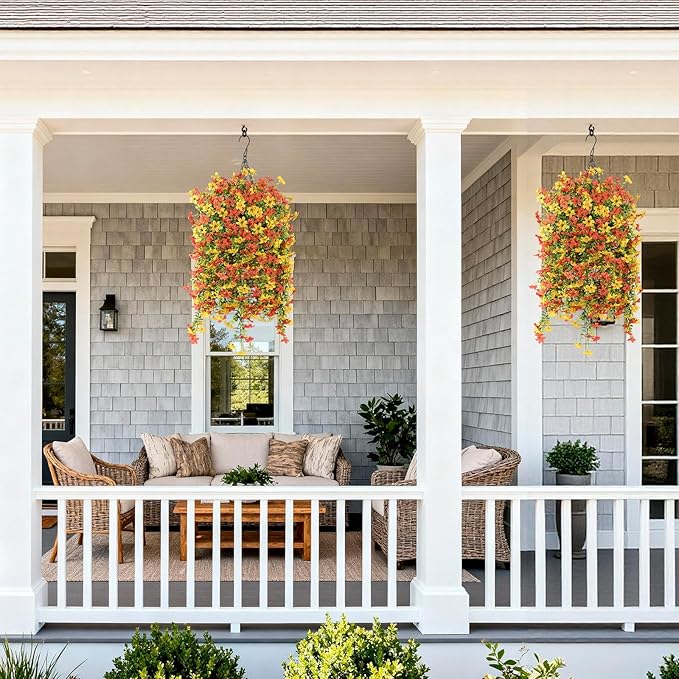 Artificial Fake Hanging Flowers Plants for Outdoor Spring Decoration,2 PCS Faux Silk Daisy with Eucalyptus Leaves,UV Resistant Look Real for Outside Home Indoor Planter Porch Patio Balcony Yard Decor