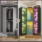 Corner Closet System with 2 Motion Sensor Lights, 39.2" Corner Closet Organizer with 12 Shelves, Closet Corner with 2 Hanging Rods, Versatile 6-Tier Walk-in Closets for Corner Space, Black
