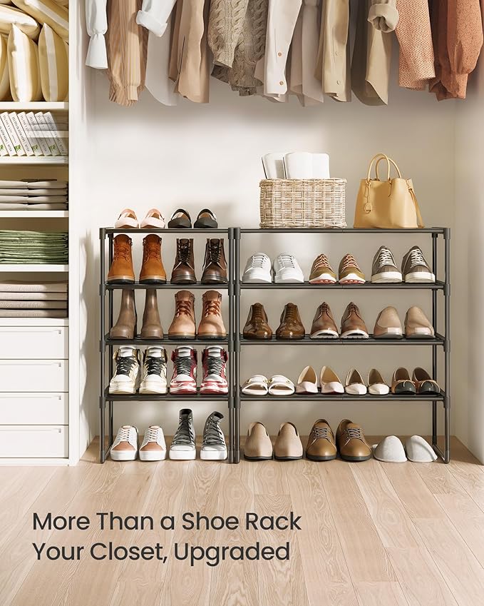 SONGMICS Shoe Rack, 4-Tier Shoe Organizer, Metal Storage Shelf, Upright or Upside Down, for 5-10 Pairs, Stackable, for Entryway, 11.8 x 16.7 x 28.2 Inches, Black ULSA004B01