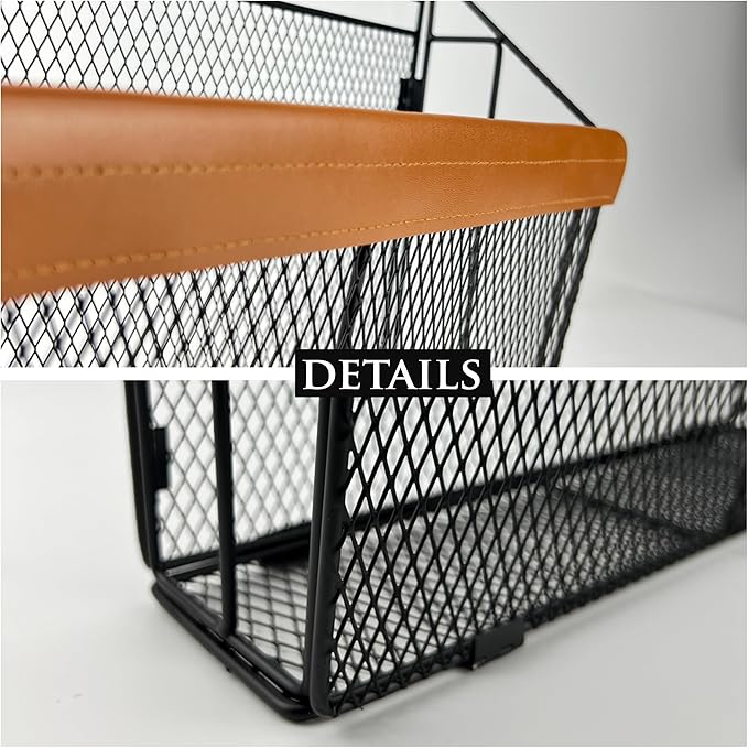 Leather-Accented Wall File Holder, Art Deco Wall-Mounted Magazine Rack, Hanging Mail Organizer, Metal Wire Hanging File Organizer for Home, School, Office, Hanging Folder Organizer