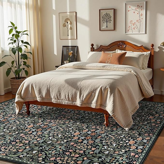 Moynesa Floral Washable 10x14 Rug, Boho Extra Large Living Room Area Rug, Botanical Dining Room Rugs for Under Table, Non Slip Ultra Thin Floor Carpet for Home Office Farmhouse, Black