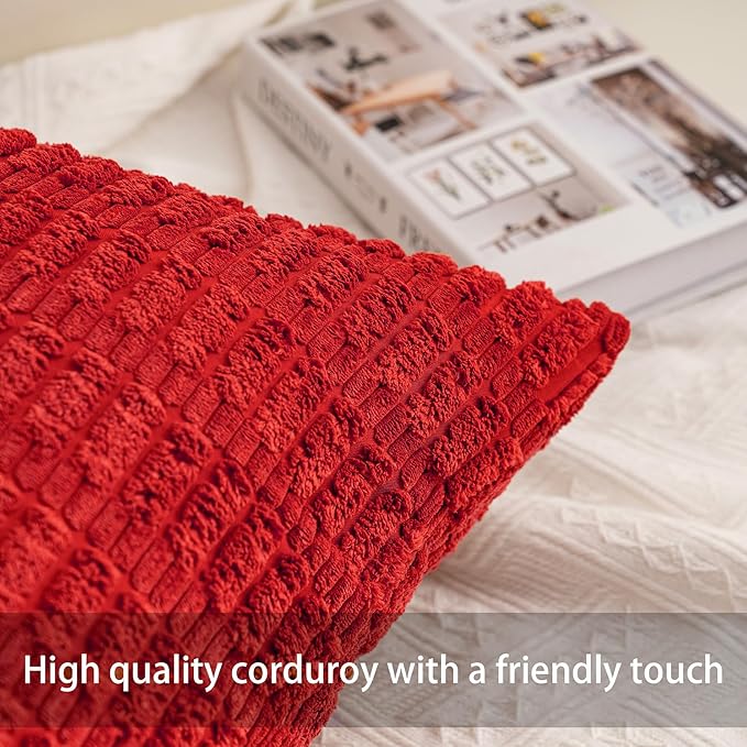 Aegero Pack of 2 Christmas Red Corduroy Decorative Throw Pillow Covers 18x18 InchSoft Boho Striped Pillow Covers Modern Farmhouse Home Decor for Sofa Living Room Couch Bed（Red）