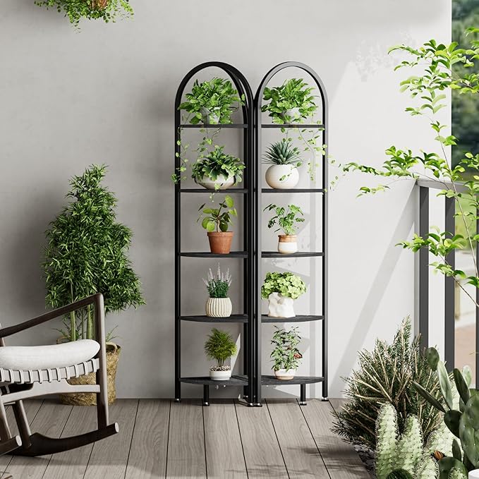 Homhedy 5-Tier Arched Corner Shelf Stand, Wall Corner Bookshelf with Metal Frame, Plant Stand, Industrial Storage Rack Shelf for Living Room, Bedroom, Office, Bathroom, Black