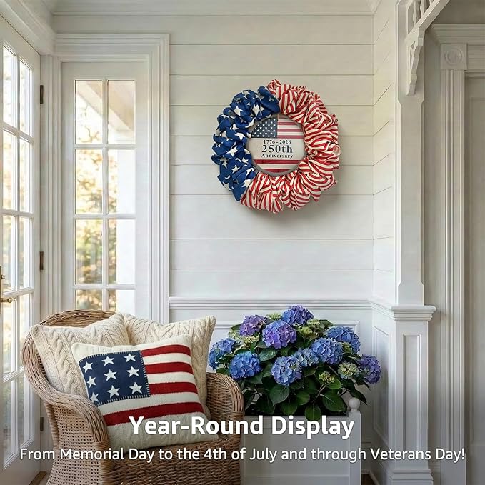 4th of July Wreath for Front Door - 20 inch Memorial Day Patriotic Decorations Outdoor, Red White and Blue 1776-2026 USA 250th Anniversary Burlap American Flag Door Wreaths