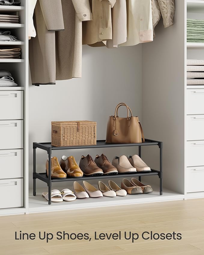 SONGMICS Shoe Rack, 2-Tier Shoe Storage Organizer, Space-Saving, 11.7 x 24.5 x 12.2 Inches, Entryway, Metal Frame, Non-Woven Fabric Shelves, Ink Black ULSH022BH01