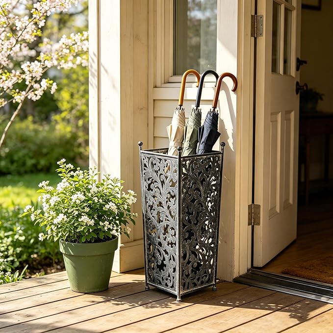 Vintage Metal Distressed Black Umbrella Holder 20"H Square Umbrella Stands with Removable Drip Tray Entryway Organizer Bucket for Foyer/Porch - Holds Multiple Umbrellas, Walking Sticks & Canes