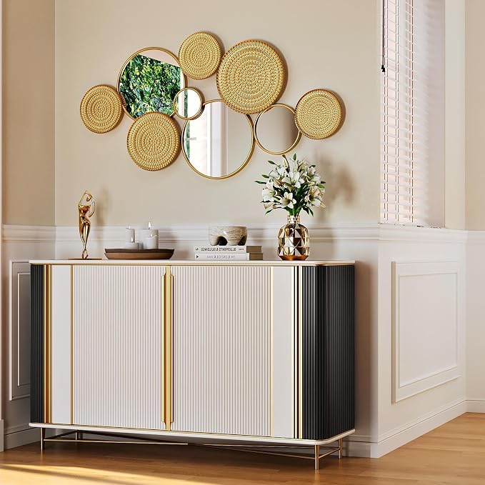 Gold Mirrors Wall Decor Metal Round Home Art Decor Decorative Modern Circle Mirror Wall Art Sculpture Hanging Decorations for Home Living Room Office