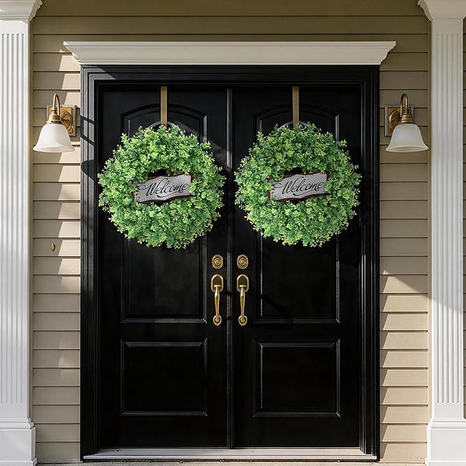 26" Artificial Eucalyptus Wreath with Welcome Sign for Front Door, Porch, Window - Large Faux Eucalyptus Greenery Outdoor Wreath for Home, Farmhouse Decor - Spring, Summer, All Seasons (Green)