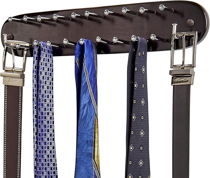 Richards Homewares Tie Rack Wall Mounted - Wood Tie Organizer for Closet 21 Chrome Hooks Storage and Organization Hnager Walnut