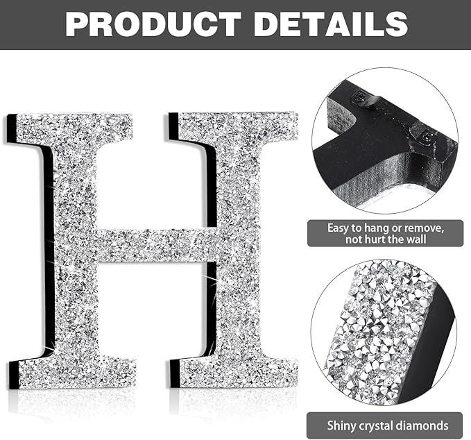 Qunclay 8'' Silver Crystal Diamond Bling Letters Crushed Diamond Decoration Wooden Glitter Letter with Screw and Hooks Rhinestone Gift for Wedding Y2k Mcbling Bedroom Wall Decor (Letter H)