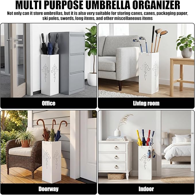 Square Metal Umbrella Holder, Square Free Standing Umbrella Rack Decorative Umbrella Holder Hollow Cutout Pattern Design for Umbrella Cane Entryway Home Office 19.49" X 6.1" X 6.1" (White hollowed out