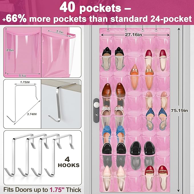 Over the Door Shoe Organizer with 40 Clear PVC Pockets – Waterproof Hanging Shoe Holder for Closet & Bathroom – Space-Saving Door Shoe Rack for Shoes, Toys, Toiletries & Snacks(Pink)