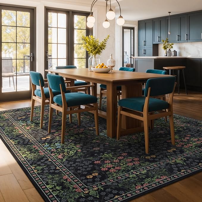 Lessymo Area Rugs 9x12 Living Room, Soft Washable Rug for Bedroom Dining Room Nursery Farmhouse, Boho Non Slip Low Plie Large Carpet Vintage Moody Dark Boho Flower, Black Green