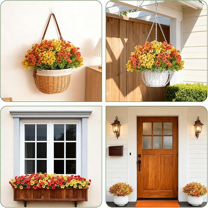24 Bundles Artificial Fall Flowers for Outdoor Realistic Faux Flower Garden Home Decoration,Hanging Autumn Fall Decor Daisy with Eucalyptus Leaves Fake Plants Greenery Porch Patio Front Door Decors