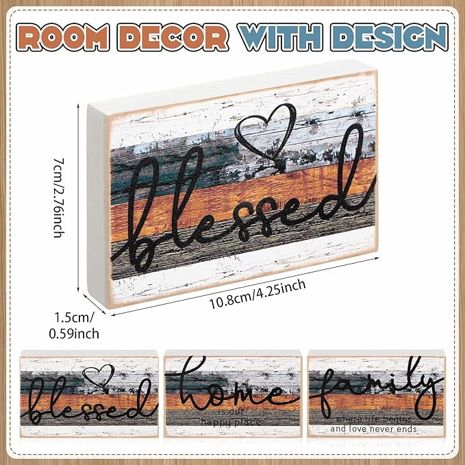 Jetec 3 Pcs Family Home Blessed Rustic Wood Sign Mini Heart Wood Decorative Sign Farmhouse Wood Decor Table Decorations Sign for Bedroom Kitchen Living Room Table Decor