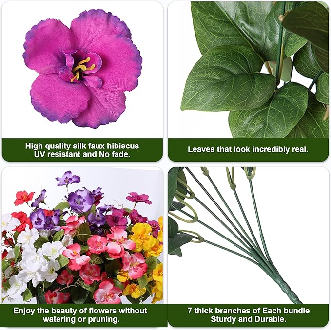 Hibiscus Artificial Flowers Plants for Outdoors Summer Decoration, 6 Bundles Fake Silk Hibiscus Bouquet Realistic UV Resistant Tropical Flowers Artificial for Outside Planter Front Door Porch Patio