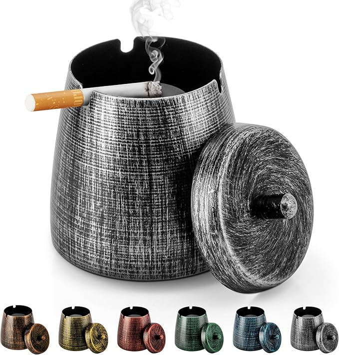 Ashtray for Cigarettes Outdoor, Outdoor Ashtray with Lid for Cigarette, Metal Odorless Windproof Smokeless AshTray for Patio Home Office Tabletop Balcony