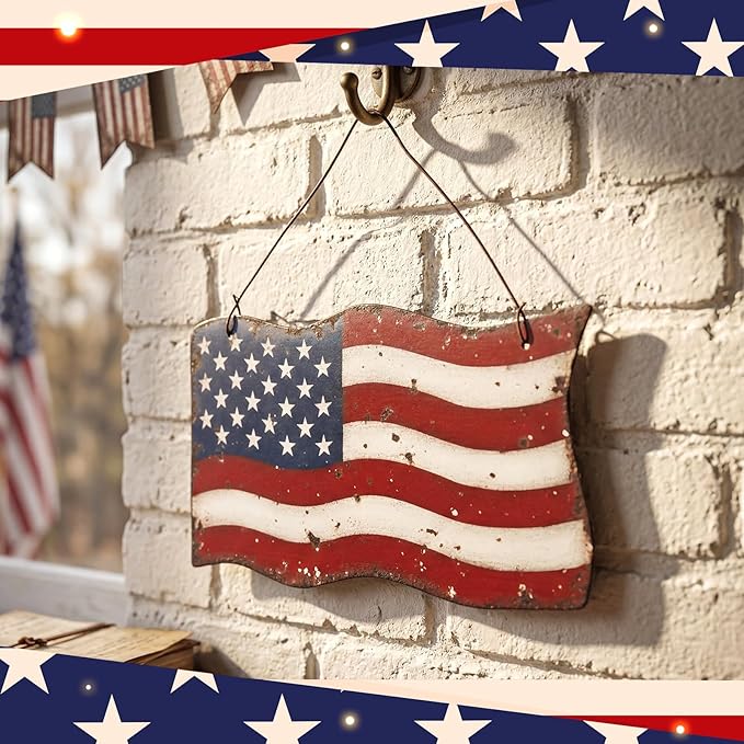 MorningRo Metal Patriotic American Flag Wreath for Front Door Vintage Red White Blue American Flag 4th of July Wall Art Sign Rustic 250 Anniversary Independence Day Hanging Plaque for Porch Outdoor