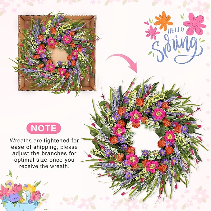 Spring Wreaths for Front Door 24 Inch with Vibrant Lavender and Daisy, Large Spring & Summer Wreath for Door Outside, Year Round Farmhouse Wedding Window Wall Decor, Housewarming Gift