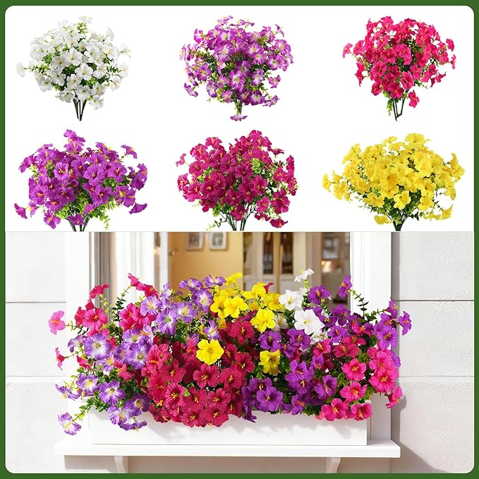 Artificial Fake Petunias Flowers for Outdoors Spring Decoration, 12 Bundles Faux Flower Plants UV Resistant Realistic Silk Flower for Outside Planters Patio Porch Yard Window Box (6 Mix Colors)