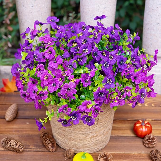 Artificial Faux Flowers Plants for Outdoors Outside Spring Summer Decoration,12 Bundles Realistic Fake Flowers Plant Greenery Silk Daisy UV Resistant Planters Porch Patio Garden Home (Double Purple)