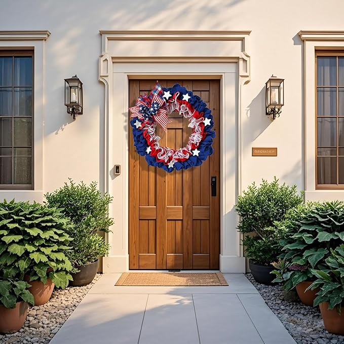 XKCL Patriotic Burlap Wreaths, 20 Inch 4th of July Wreath for Front Door Decorations Memorial Day Wreath Handcrafted American Flag Printed (Bule＆red)