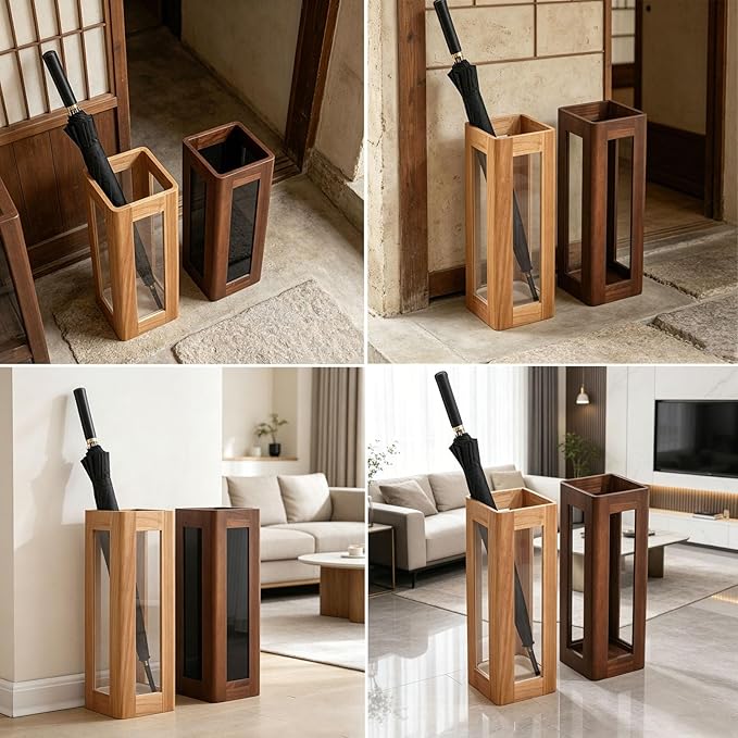Umbrella Stand with Removable Plastic Drip Tray, Spacious Storage Bucket, for Home Entryway Decoration and Hotel Lobbies, Features a Solid Wood Umbrella Bucket, Acrylic Frame(Natural)