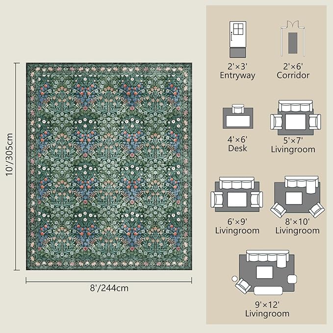 Floral Dark Green Area Rugs 8x10, Soft Washable Non-Slip Boho Forest Large Rug for Living Room, Bedroom, Farmhouse Dining Room & Office