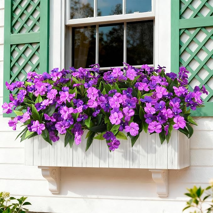 Artificial Fake Flowers for Outdoor, 6 Bundles UV Resistant Faux Plants Decoration Silk Flowers No Fade Plastic Flowers for Outside Planters Home Porch Patio Yard Garden Decor(Purple)