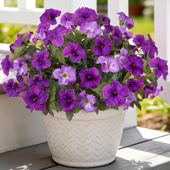 6 Pcs Artificial Petunia Flowers for Outdoors, Fake Flowers for Outdoor Planter, UV Resistant Realistic Faux Petunias Plants for Outside No Fade for Garden Porch Patio Indoor Decor(Double Purple)