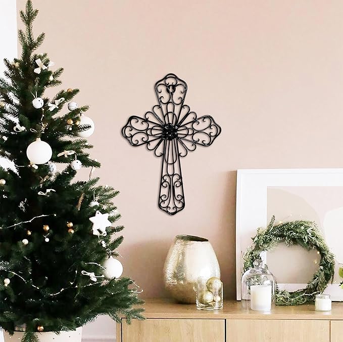 RELY+ Black Wall Cross 14X10 Inch Living Room Décor Outdoor Crucifix Wall Décor Metal Wall Art Decorative Hanging Iron Wrought Wall Décor Crosses for Rustic Indoor Home Valentine's Day Decorations
