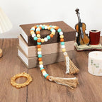 Wood Beads Garland with Tassels, 42.4in Farmhouse Rustic Style Colorful Wood Beads String, Large Antique Wooden Prayer, Boho Home Festival Decor Garland Rosary Rope