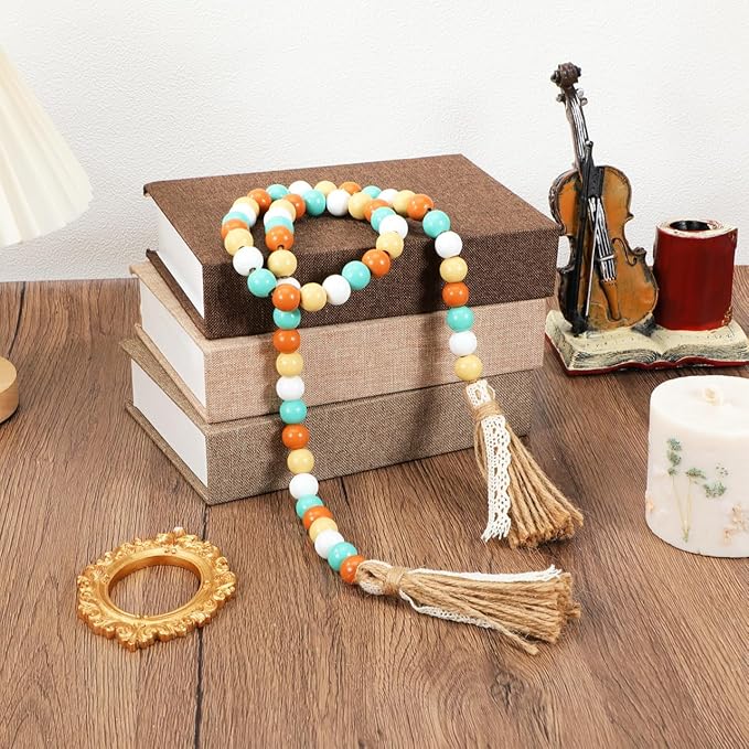 Wood Beads Garland with Tassels, 42.4in Farmhouse Rustic Style Colorful Wood Beads String, Large Antique Wooden Prayer, Boho Home Festival Decor Garland Rosary Rope