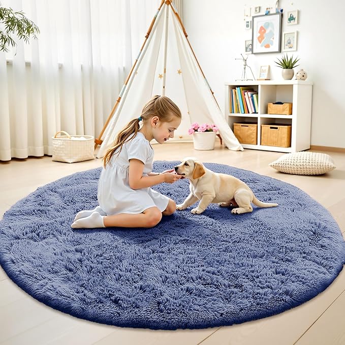 OLANLY Denim Blue Round Rugs for Bedroom - Machine Washable, 8 ft Circle Area Rugs for Living Room, Soft and Fluffy Shaggy Carpet for Teen Girl and Boys, Nursery Rooms, Dorms, Home Decor Aesthetic