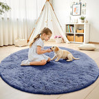 OLANLY Denim Blue Round Rugs for Bedroom - Machine Washable, 9 ft Circle Area Rugs for Living Room, Soft and Fluffy Shaggy Carpet for Teen Girl and Boys, Nursery Rooms, Dorms, Home Decor Aesthetic