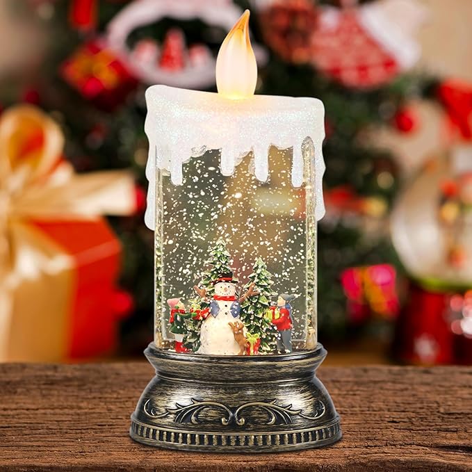 GenSwin Christmas Snow Globe Candle, Swirling Glittering Candle with Timer, Music, Snowman and Kids Scene, Winter Snow Shaped Lantern, USB/Battery Operated Candles for Christmas Decor