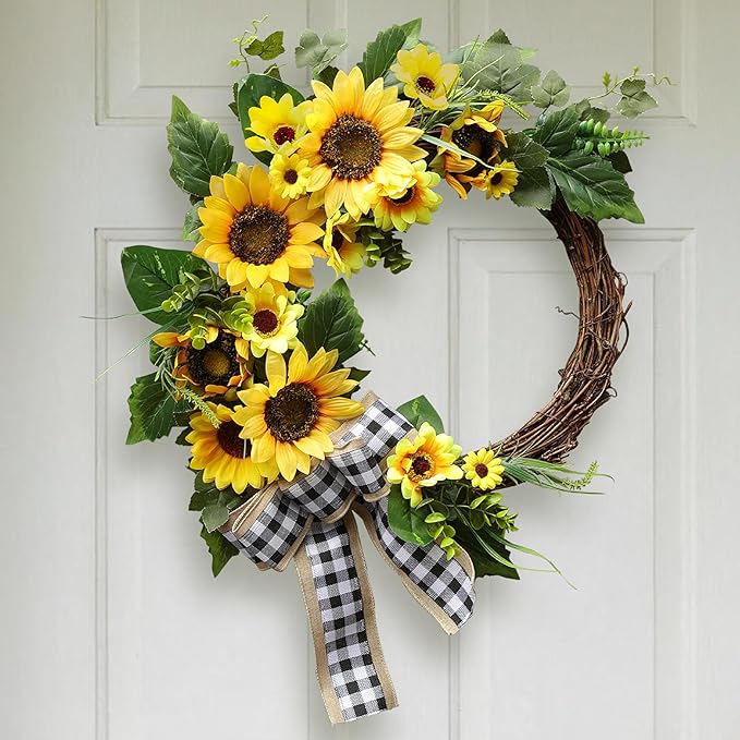 20 Inch Sunflower Spring Summer Wreath for Front Door, Artificial Sunflower Wreath with Green Leaves, Modern Farmhouse Wall Wedding Home Indoor Outdoor Decor