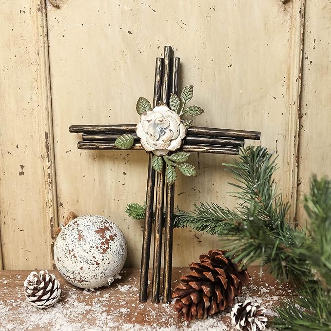 Synovana Wall Cross, Rustic Metal Cross Wall Decor with White Rose, Inspirational Christian Wall Crosses for Home Decor, Crucifix Gift