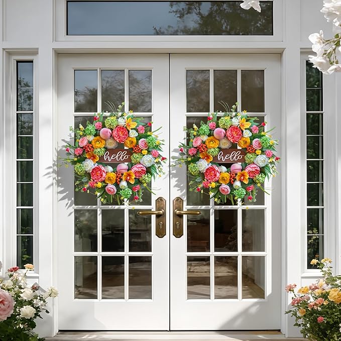 Spring Wreath for Front Door, 24 Inch Artificial Spring and Summer Wreath with Peony, Rose, Orchid, Hydrangea and Gardenia Flowers, Peach, Berries and Hello Wooden Sign, Decor for Indoor Outdoor