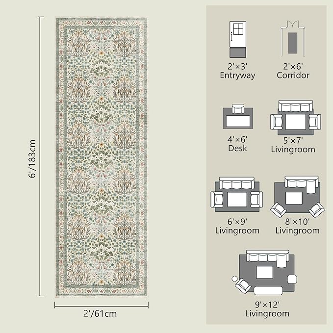 Non-Slip Washable Runner Rug 2x6, Beige & Blue Vintage Design for Hallway, Kitchen, Laundry Room & Bathroom