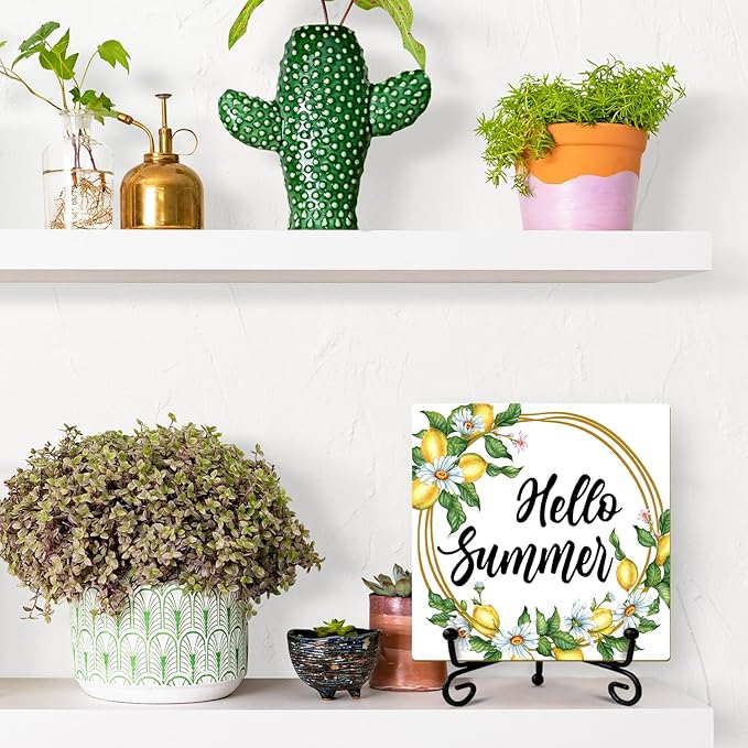 Lemon Daisy Wooden Sign Desk Decor - Hello Summer Wood Plaque with Support Stand, Summer Gifts for Women Men, Home Kitchen Office Farmhouse Shelf Desk Decor Accessories