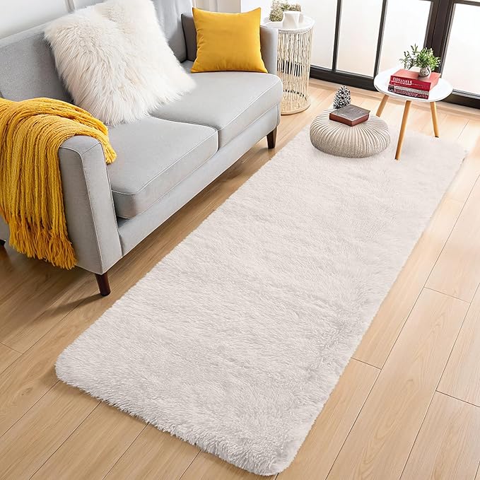 OLANLY 2x11 Machine Washable Runner Rugs for Hallway, Soft Fluffy Shaggy Bedside Rugs for Bedroom, Living Room, Indoor Floor Carpet for Kids Girls and Boys, Nursery Rooms, Home Decor Aesthetic, Ivory