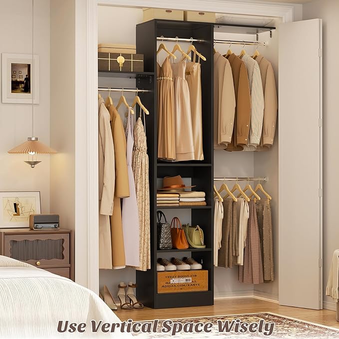 48" Closet Organizer System, 4FT Closet System for Small Closets with 4 Hanging Rods & 3 Shelves, 80"H Small Closet Organizers and Storage for Bedrooms, Cloakrooms, Black
